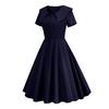 Retro Women Dress Turn-down Collar Shortn Sleeves A-line Big Swing Buttons Slim Fit Solid Color 50s Ball Prom Midi Dress