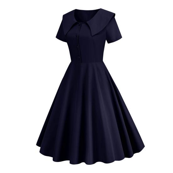 Retro Women Dress Turn-down Collar Shortn Sleeves A-line Big Swing Buttons Slim Fit Solid Color 50s Ball Prom Midi Dress