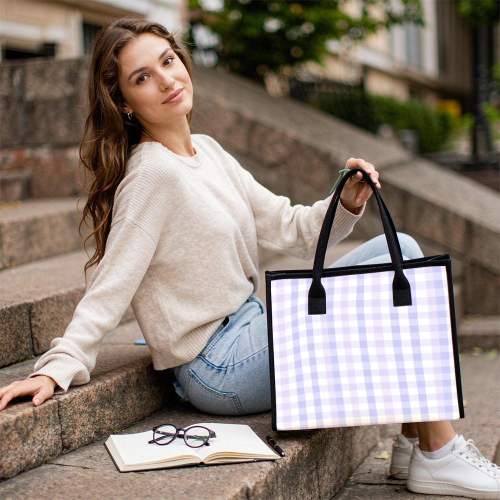 Lilac Gingham Tote Bag Casual Daily Handbag Lightweight Shopping Shoulder Purse for Women