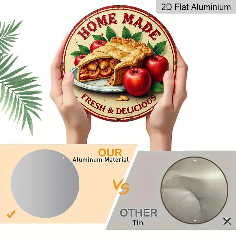 2D Flat 1pc, 8x8 in, Vintage-Style Aluminum Metal Sign - "Home Made" Apple Pie & Apples Decorative Wall Art, Garden Decor for Home, Bar, and More