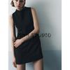 Spring New Women Clothes French Style Black Dress Pleat Stand Collar Soft Straight Mini Dress 1058151