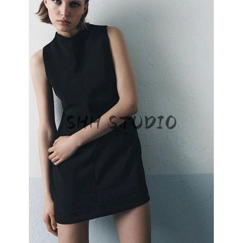 Spring New Women Clothes French Style Black Dress Pleat Stand Collar Soft Straight Mini Dress 1058151