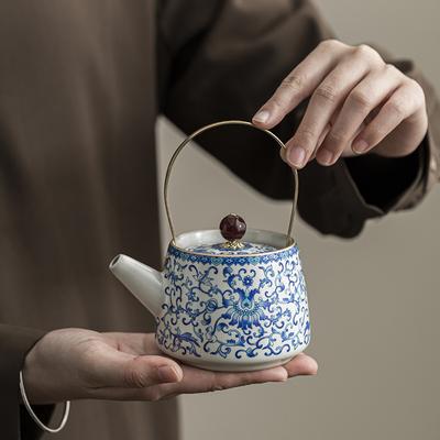 Бежевый Чайник печи Жу Домашний Заварочный Чайник Набор для чая Кунг-фу Ретро Одинарный Чайник Фильтр Китайский Чайник с ручкой Высококачественный Сине-белый