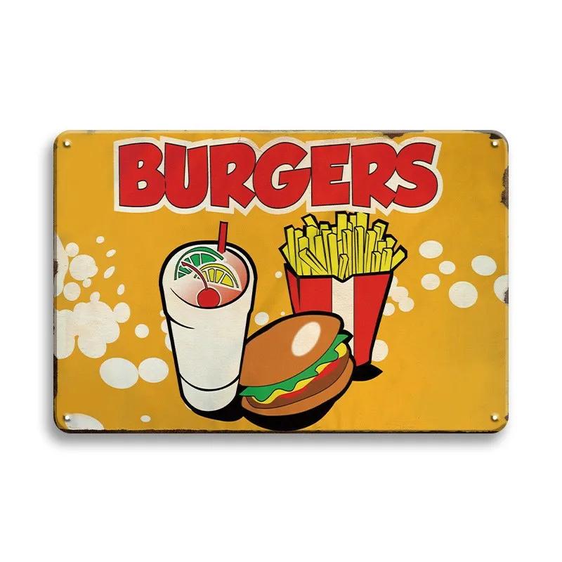 Hot Dog Fresh Hamburgers Metal Signs BBQ Vintage Posters Home Kitchen Wall Decor Iron Plate Painting Fast Food Shop Plaques