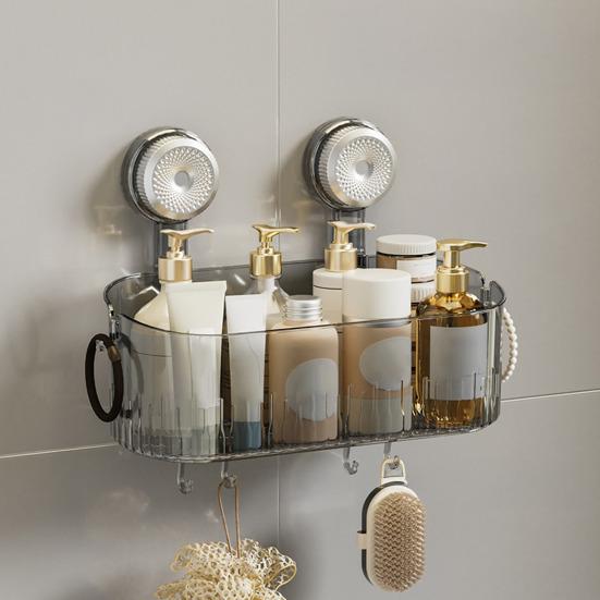 Полка для душа без сверления, съемная полка для хранения на присосках с крючками, настенный прозрачный ящик для хранения, органайзер для ванной для душевых принадлежностей