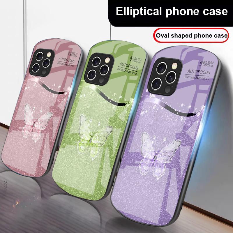Gradient Diamond Butterfly For IPhone 16 Pro Max 16e 15 Pro 14 13 12 Mini 11 XS Max XR 7 8 Plu SE 22 Elliptical glass phone case