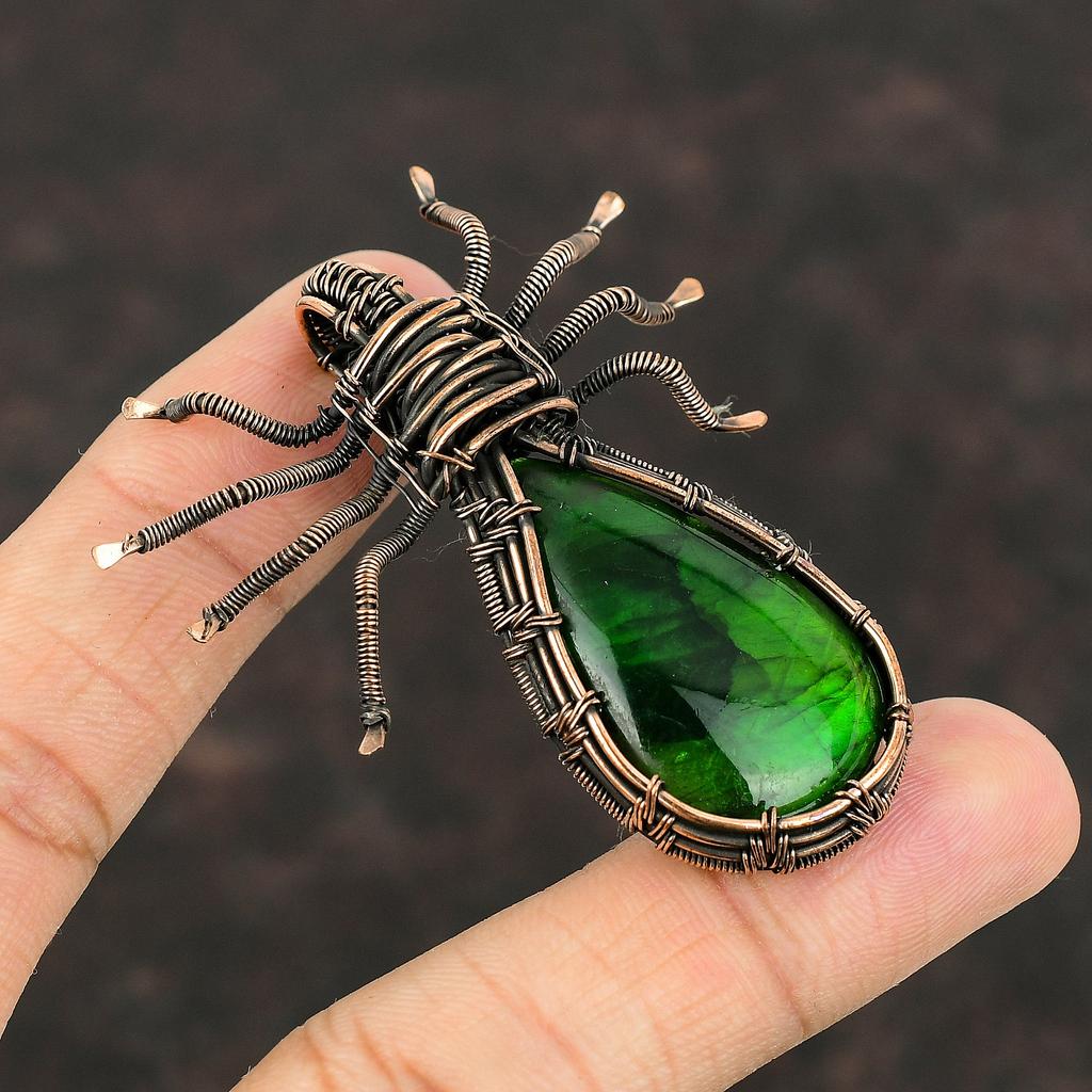 Подвеска из лабрадорита зеленого огня, медная проволока, кулон с драгоценным камнем, медные дизайнерские украшения для подарка, подвеска-паук ручной работы, антикварные ювелирные изделия