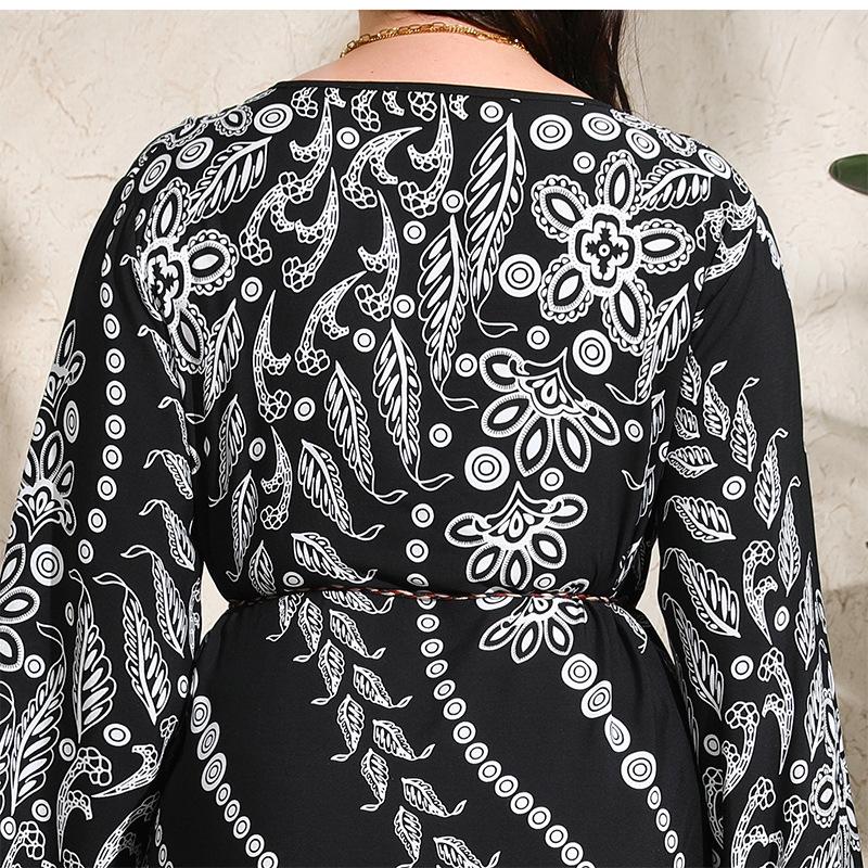 Платье с круглым вырезом, длинным рукавом, высокой талией для женщин, платье с принтом в этническом стиле, платье больших размеров с завязками, свободное универсальное платье, платье большого размера