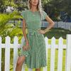 Women's Spring Fashion Pleated Print Mid-length Dress Short Sleeve Round Neck Polka Dot Pleated Dress