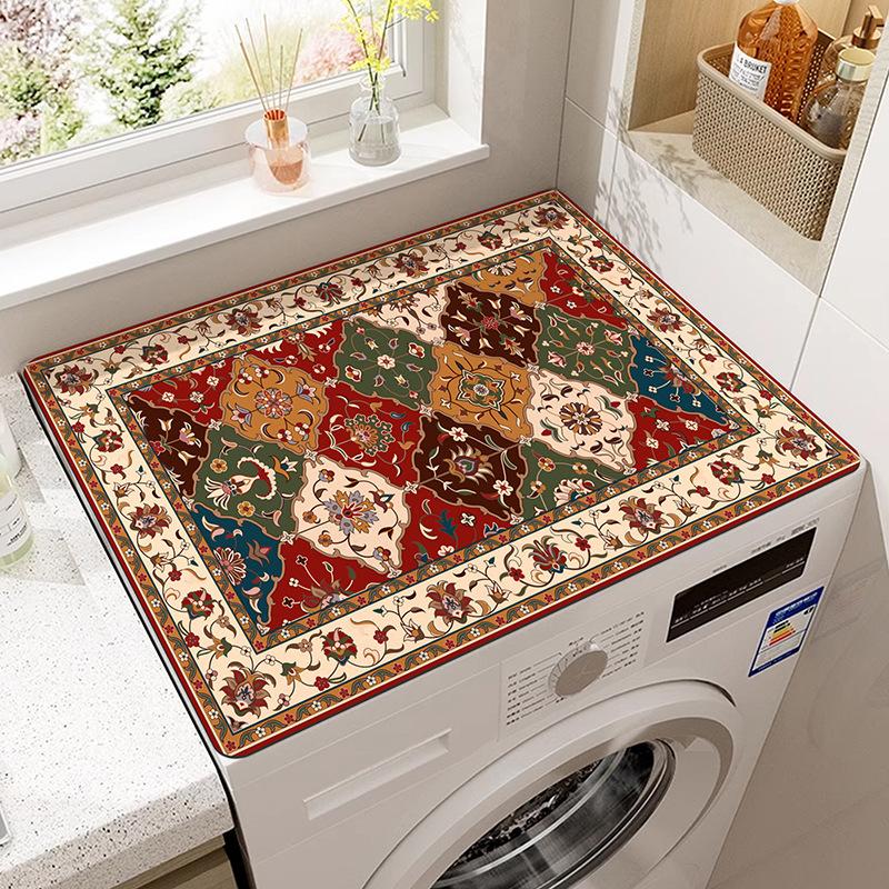 Vintage Checkered Printed Washing Machine Dust Cover Pad, Quick-Dry Absorbent Protective Top Mat For Washer And Dryer