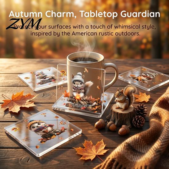 Holiday Gift Souvenirs for Coffee Lovers 4Pcs Maple Leaf Squirrel Acrylic Coaster, 2D Double Sided Reversible Cup Mat Heat Resistant Table Mats