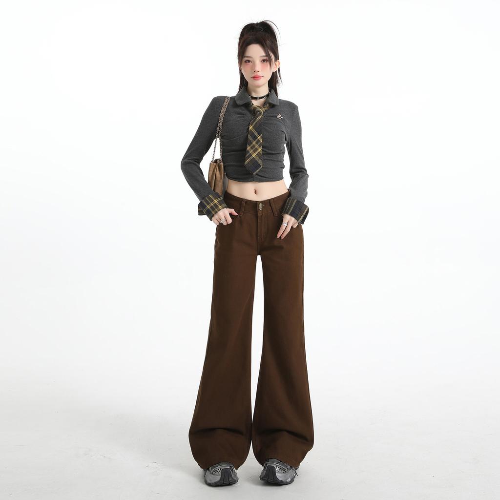 American coffee color low waist slightly pulled jeans women's spring new Spice Girls loose and thin without legs flared pants