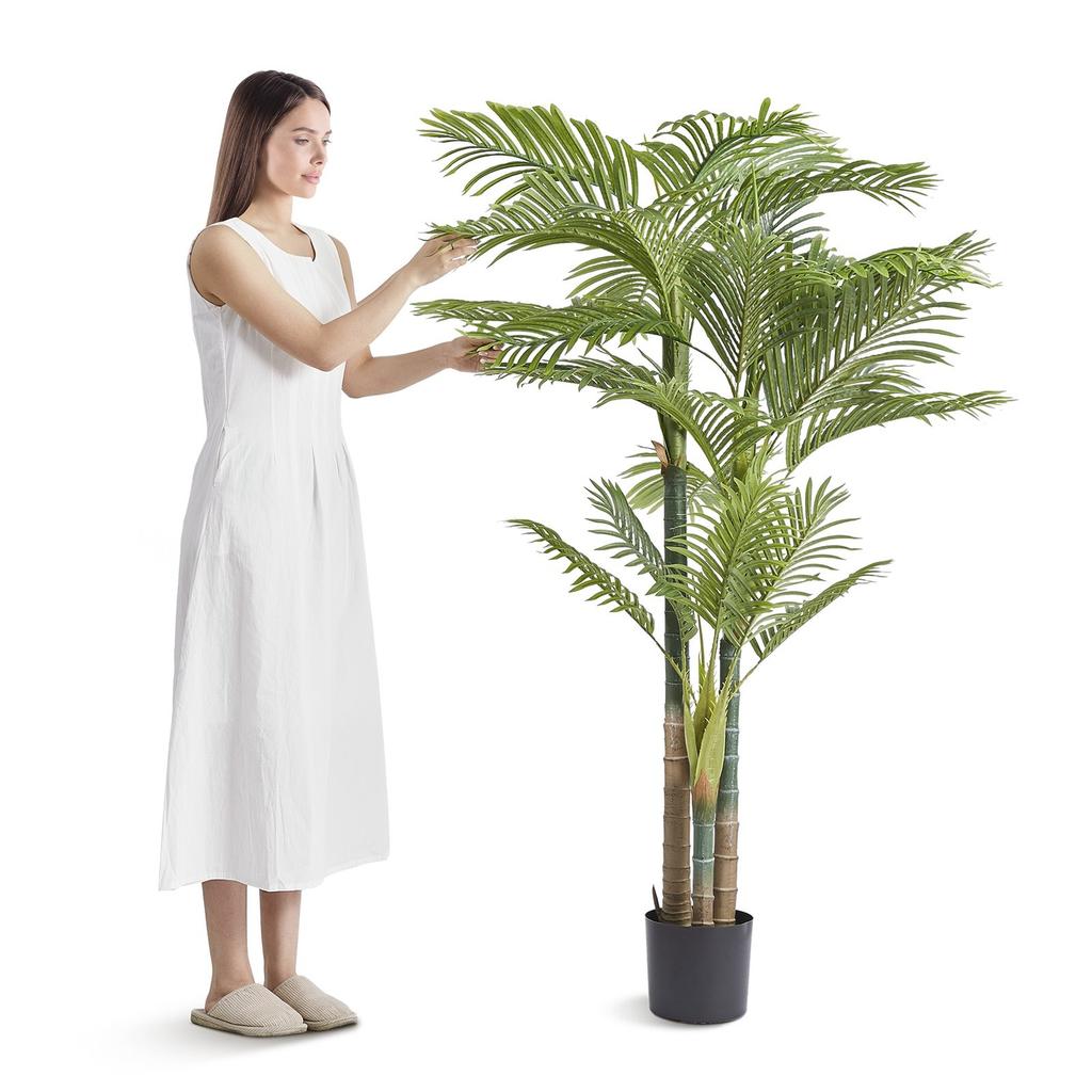 Artificial Gold Cane Palm Tree, 2m Tall Faux Plant, PE Material & Anti-Tip Tilt Protection Low-Maintenance Plant, Lifelike Green Fake Tree for Home