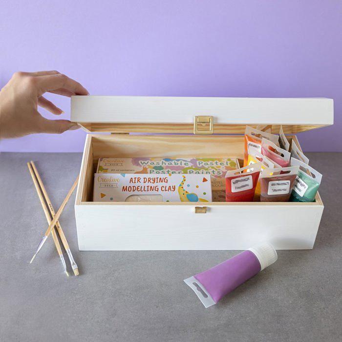 Coffre Boîte de Rangement - Creative Deco - Bois Blanc - 34,5 x 18 x 13,8 cm - Fermoir - Couvercle Courbé