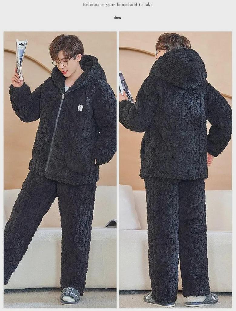 Men's Winter Hooded Quilted Pajama Set: Thick, Plush, Large Size Flannel Jacket