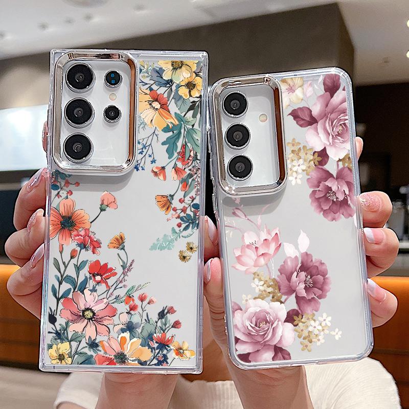 Luxury Flowers Print Case For Samsung S26 Ultra S25 FE S24 S23 Plus S22 S21 A15 A16 A17 A26 A35 A36 A37 A55 A56 A57 5G Plating Lens Clear Soft Cover