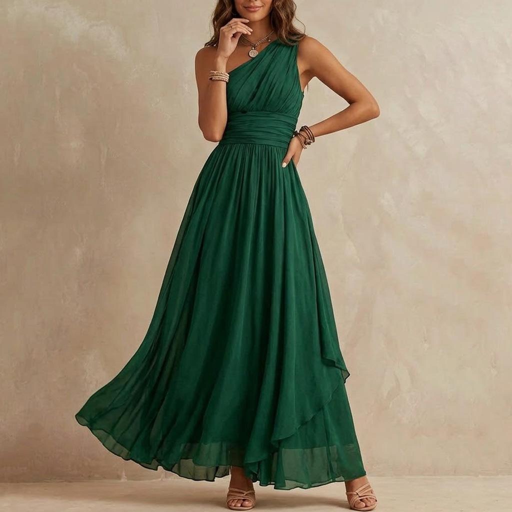 Women S Summer Solid Color One Shoulder Sleeveless Fitted Long Dress