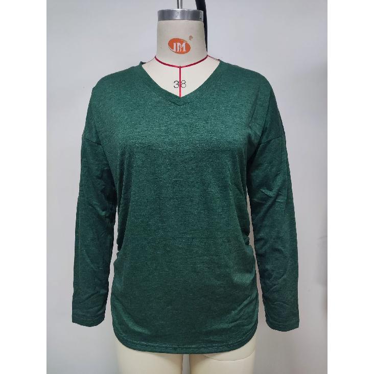 2024 Европейская и американская футболка с V-образным вырезом и длинными рукавами, однотонный свободный повседневный топ