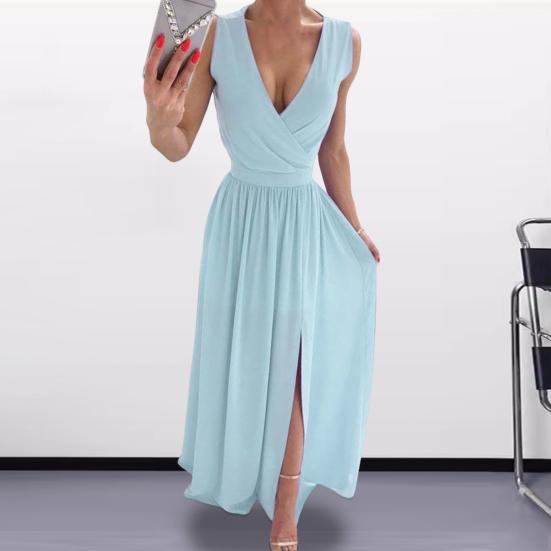 Женское вечернее платье с V-образным вырезом без рукавов, плиссированное подол с разрезом, тонкая талия, длина до пола, сплошной цвет, свадебное коктейльное платье для выпускного вечера, макси-платье