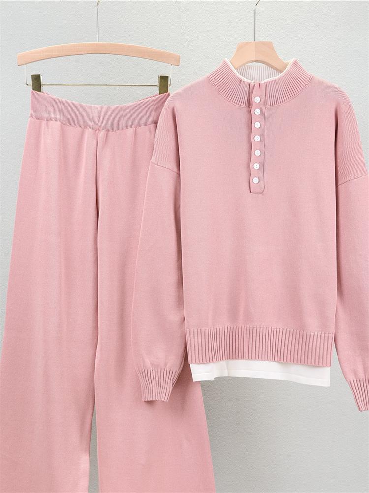 Женский осенний свободный комплект свитера в стиле маленького аромата из двух частей с имитацией двухслойности и вязаными брюками широкого кроя
