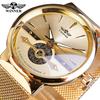 Golden Male Watches Automatic Business Wrist Watch Skeleton Analog Mesh Steel Band Self-Wind Mechanical Reloj Hombre