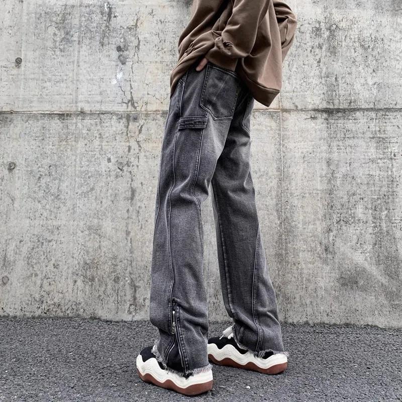 Модные Джинсы Bootcut с Боковым Разрезом на Молнии Мужская Одежда Джинсовые Брюки Карго с Высокой Талией Широкие Штаны Деним Нога Ретро Стирка Уличная Одежда Брюки