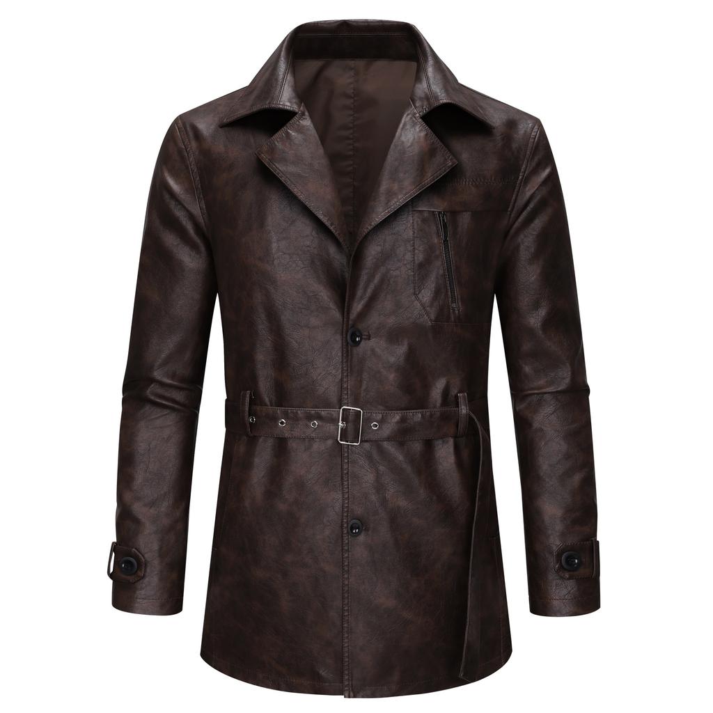 Spring and Autumn Leather Trench Coat Men's Slim Double Breasted Men's Mid-Length Leather Jacket New Style Jacket