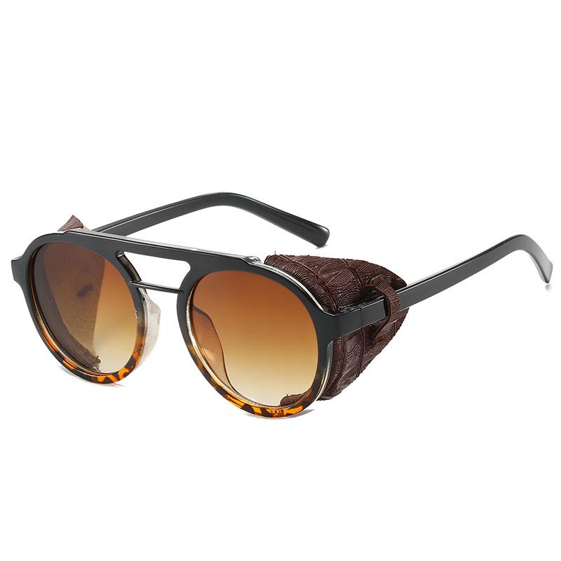 Steampunk sunglasses retro round frame double beam sunglasses men's personality trend leather case glasses