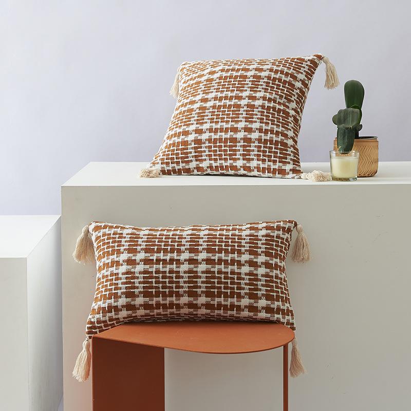 Двухцветная тканая подушка в гусиную лапку Полиэстер-хлопок Кисточка Двусторонняя Офисная Модная в стиле Инс Диванная подушка Чехол для подушки