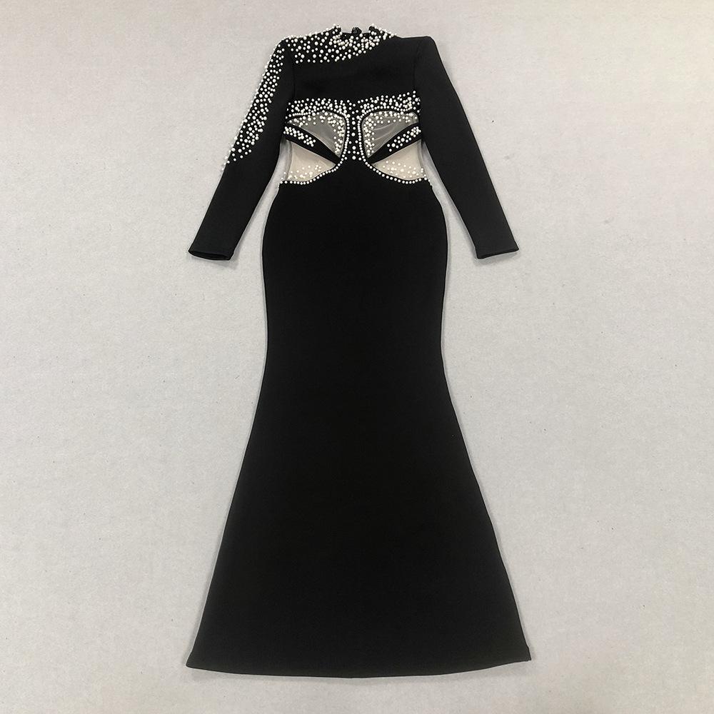 European and American new dress long-sleeved perspective sexy hip-wrapped lace pearl splicing dress