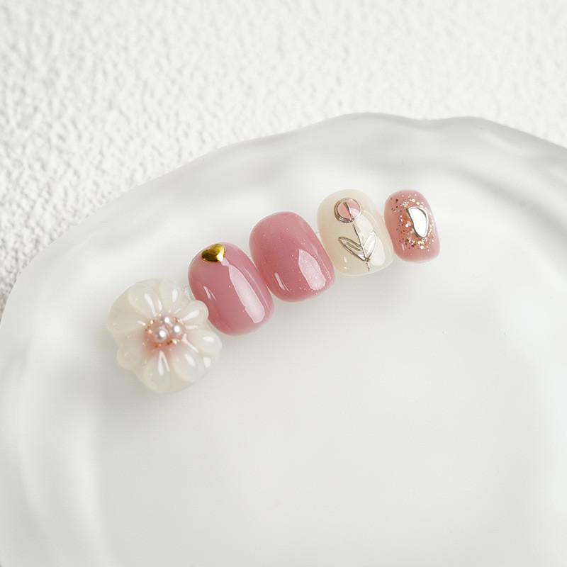 HANDMADE Artificial Nail Fake Nails Hand-Painted Tulip 3 D Flower Pink White Short Square Circle Phototherapy Nails Fake Nails Reusable