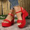 Fashion Red Ankle Strap Chunky Platform Sandals for Women Fashion Woven Wedge Heel Sandals Woman Summer 2025 Thick Sole Sandalias Mujer