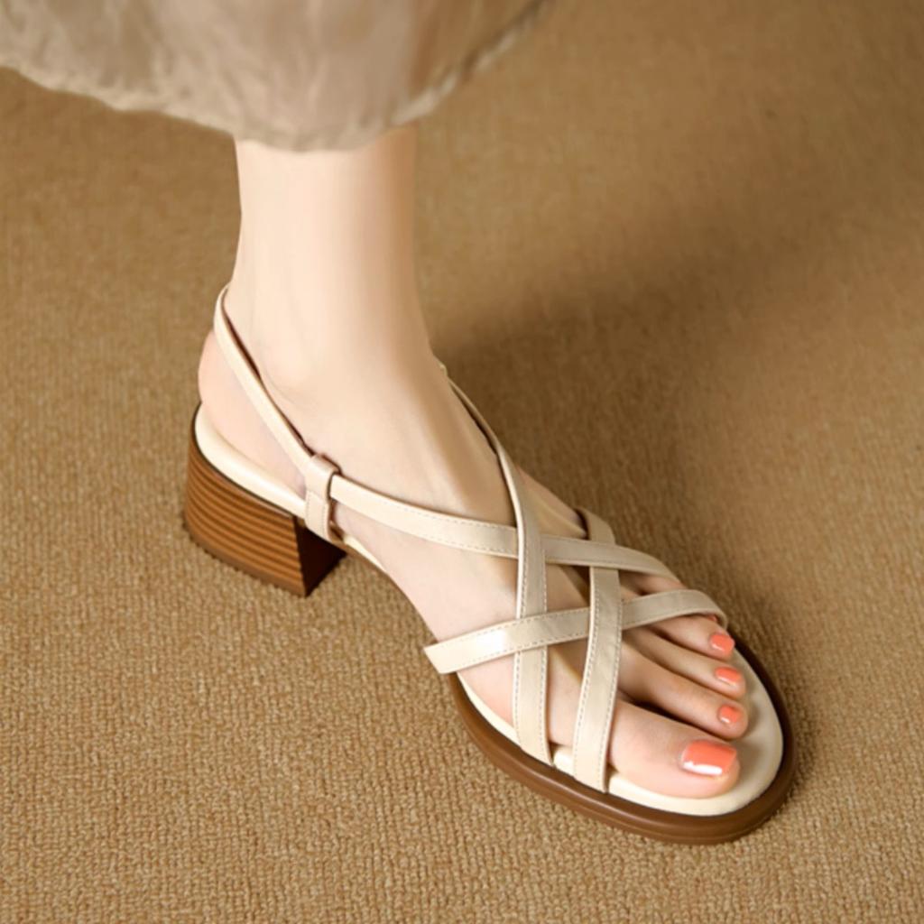 Винтажные римские сандалии женские средний каблук тонкий ремешок ощущение наступания на дерьмо летние новые британский стиль крест-накрест ремешок толстый каблук уличные сандалии женские