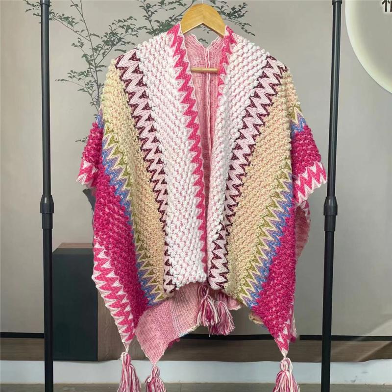 Ethnic Style Knitted Poncho Cape Vintage Bohemian Tassel Cloak Warm Shawl Travel Coat Cardigan Sweater