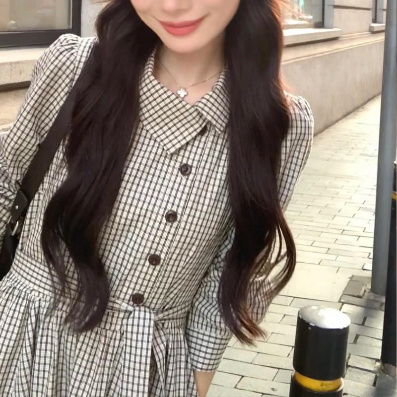 Vintage Plaid Long Sleeve A-Line Dress With Collar Waist Tie High-Waisted Cotton Midi