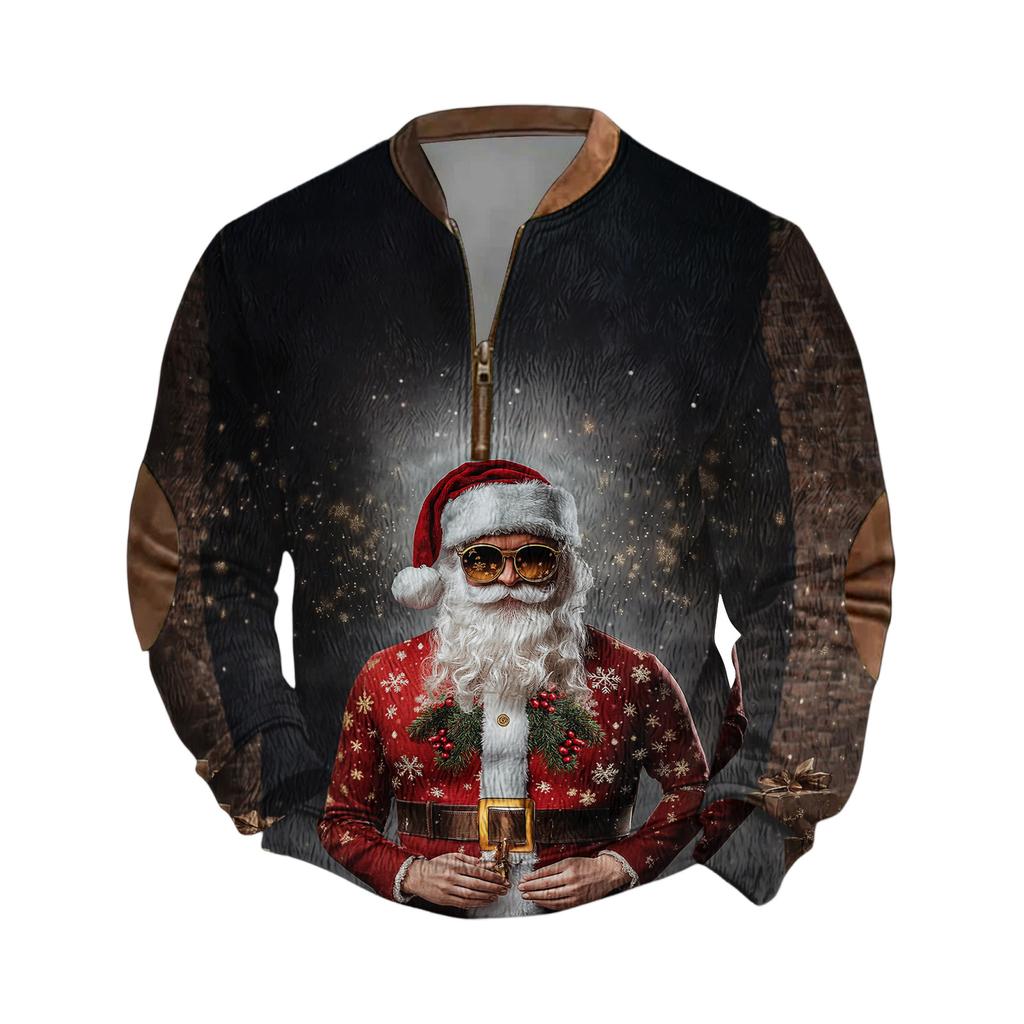 Мужской рождественский свитер на молнии, винтажный вязаный графический свитшот, рождественский пуловер со стойкой