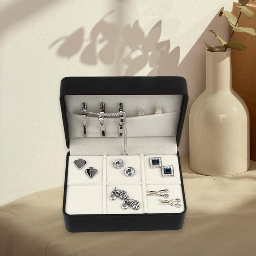 Black PU 6 Pairs Capacity Cufflink Holder Brooch Pins Storage Box Scratch Resistant Jewelry Organizer for Travel Use