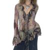 Lamerry Grunge Y2K Floral Subculture Long Sleeve Ruffle Gal Plus Size L Women's Top, Print, See-Through Shirt, Print,