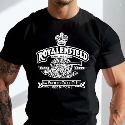 Ретро Винтаж Классический Мотоцикл Royal Enfield Логотип с Пистолетом Премиум Футболка для Байкера Хлопок Круглый Вырез Короткий Рукав Повседневная Футболка