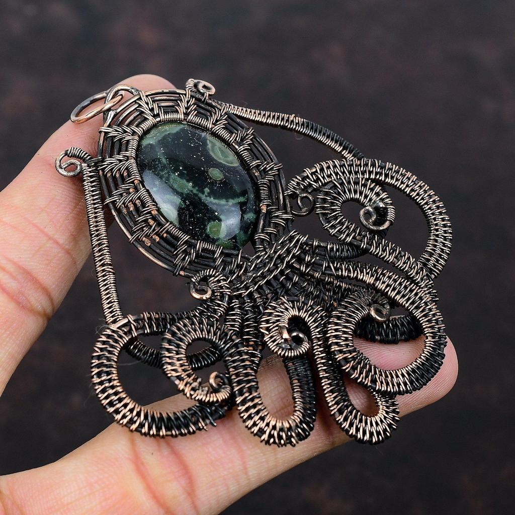 Подвеска из камбабского яшма, обернутая медной проволокой, ювелирное изделие, подвеска с дизайном осьминога, подвеска из драгоценного камня ручной работы, подвеска, обернутая медной проволокой, подарок для мамы