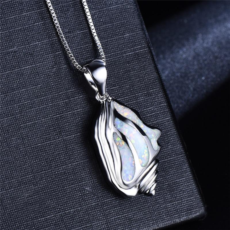 Unique Ocean Conch White Blue Fire Opal Stone Pendant Necklaces For Women 925 Sterling Silver Animal Jewelry Chain Necklace Gift