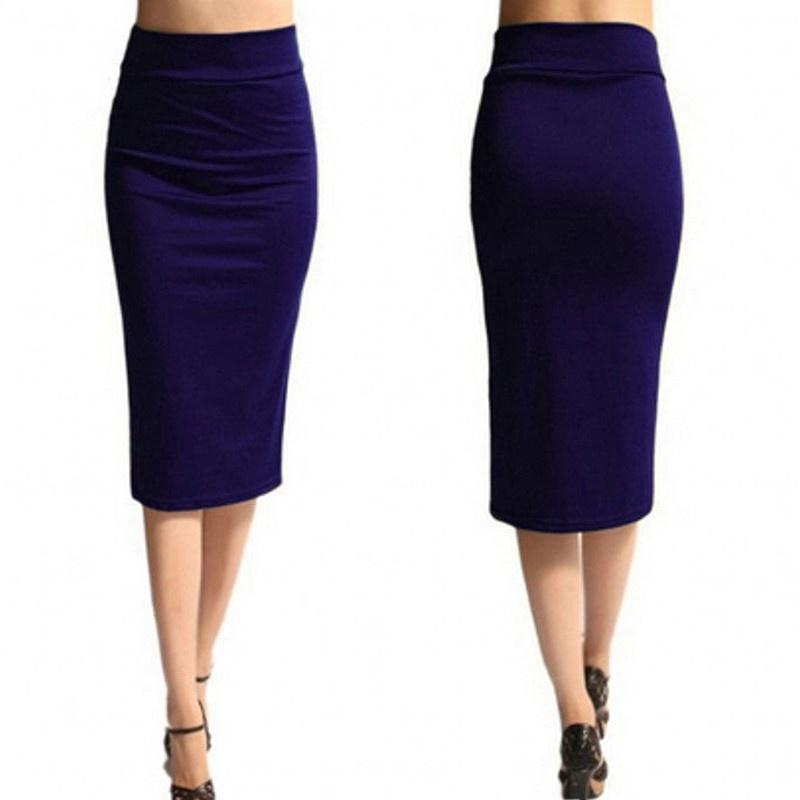 Ladies Plain Office Women Stretch Bodycon Midi Jersey Pencil Skirt