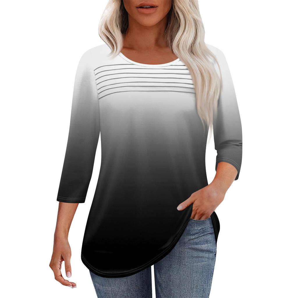 Женская мода круглый вырез шея плиссированная передняя планка однотонный топ рукав 3/4