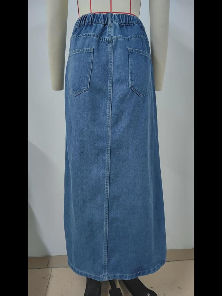 European & American Washed High-Slit Sexy Denim Long Skirt for Women