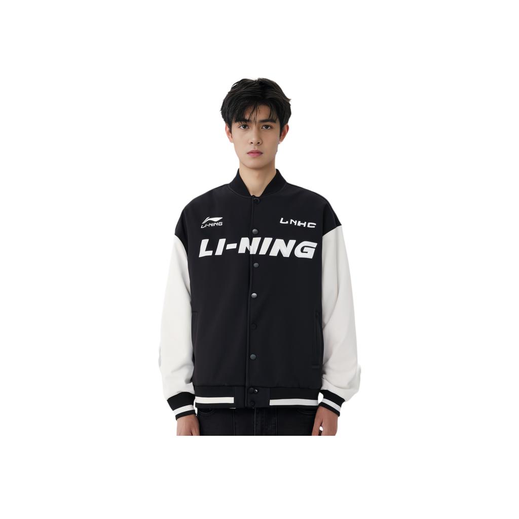 Li Ning Спортивный Стиль Жизни Американский Винтаж Уличный Стиль Пэчворк Однобортная Длинный Рукав Бейсбольная Куртка Унисекс Куртка Черная AWDU779-2