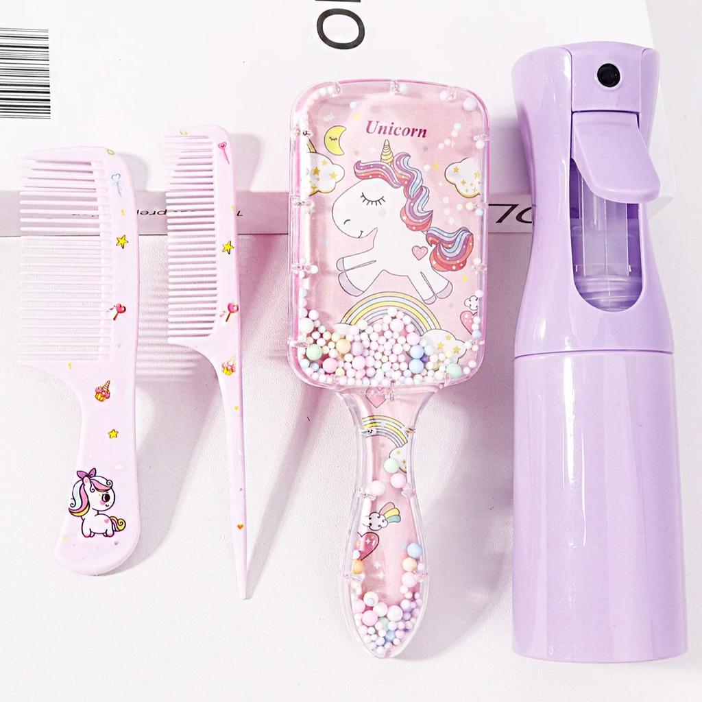 4pcs hair styling set, 200ml spray bottle, cute cartoon pattern square hair brush and 2 combs, Special for real hair wigs