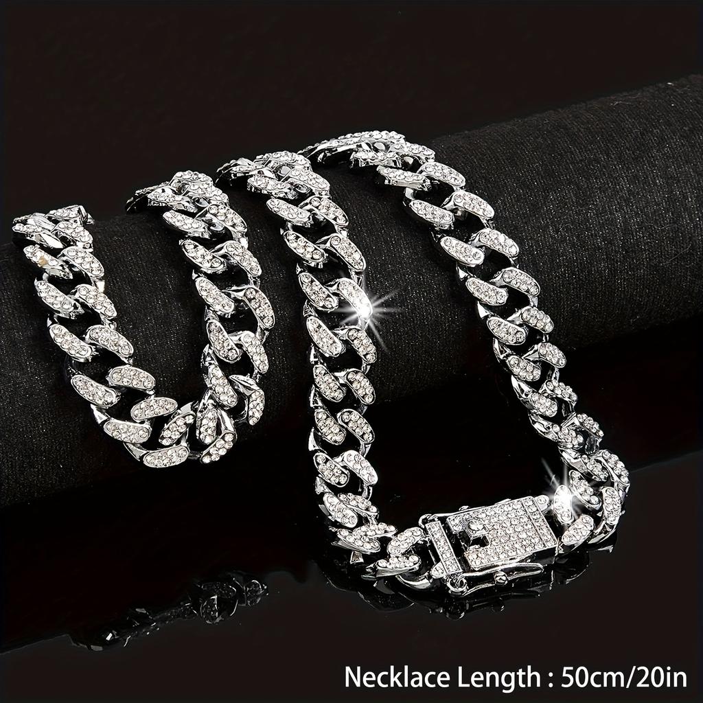 Iced Out Shiny Rhinestone Cuban Chain Necklace/Bracelet Bling Bling Zinc Alloy Jewelry