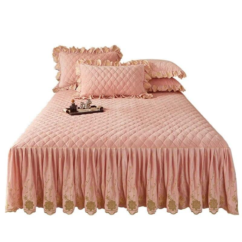 Стеганое покрывало с цветочной вышивкой, плотная бархатная юбка-кровать, роскошная мягкая юбка с 2 подушками, дропшиппинг Queen King