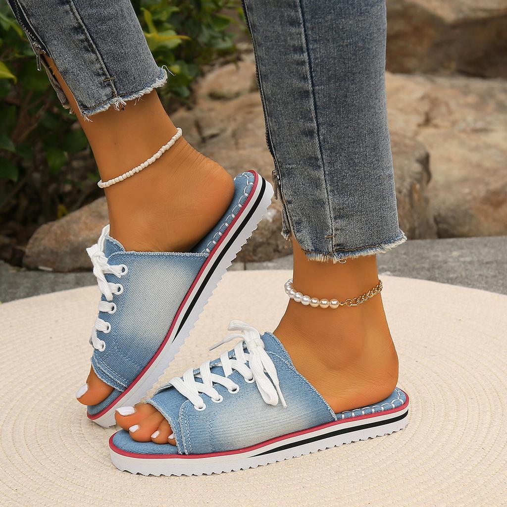 2025 Женские парусиновые плоские тапочки женские на шнуровке с открытым носком новые женские повседневные модные джинсовые пляжные туфли больших размеров