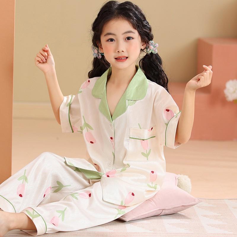 Girls Ice Silk Pajama Set 3pcs Short Sleeve Sleepwear Kids Comfortable Lightweight Home Outfit